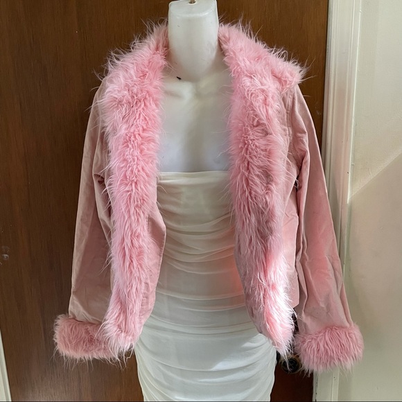 Vintage Jackets & Blazers - Y2K pink fur corduroy jacket